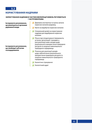 80
5.2
КОРИСТУВАННЯ НАДРАМИ
КОРИСТУВАННЯ НАДРАМИ В ЧАСТИНІ МЕЛІОРАЦІЇ ЗЕМЕЛЬ РЕГУЛЮЄТЬСЯ
7 ІНСТРУМЕНТАМИ:
Інструменти регулювання,
що реалізуються органами
державної влади
	 Державна експертиза та оцінка запасів
корисних копалин родовищ
	 Квоти на видобуток корисних копалин
Інструменти регулювання,
що необхідні суб’єктам
господарювання
	 Спеціальний дозвіл на користування
надрами для видобування корисних
копалин
	 Пільги при оподаткуванні підприємств,
установ, організацій і громадян у
разі реалізації ними заходів щодо
раціонального використання природних
ресурсів та охорони навколишнього
природного середовища
	 Позичка для реалізації заходів
щодо забезпечення раціонального
використання природних ресурсів та
охорони навколишнього природного
середовища
	 Екологічне страхування
	 Екологічний аудит
 