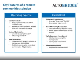 Key Features of a remote
communities solution

        Operating Expense                                 Capital Cost
                                             •   On-demand Power Control
 •   Local Connectivity                           • Leverage “sleep mode” for VSAT
      • Keep payload local to site and/or         • Lower power requirements
          clusters of sites
      • Average backhaul bandwidth reduced   •   Power Monitoring & Adaptation
          50%, with improved call quality         • Unique monitoring of power supply
                                                  • Allows optimal dimensioning of solar
 •   Backhaul Optimisation                           systems
      • Low rate Codec, Optimised IP
      • 50% savings over SCPC                •   Traffic Dependent Power Control
                                                  • Intelligent power amplifier
 •   Data Optimization                                 management
      • Condensed Core Network Elements at        • Lower power consumption
          the Edge, e.g. SGSN/GGSN
      • Enables implementation of standard   •   Smaller lower-cost VSAT
          and innovative IP Optimisation          • Required for lower bandwidth
 