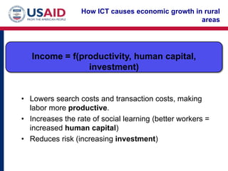 How ICT causes economic growth in rural
                                                   areas




   Income = f(productivity, human capital,
                investment)


• Lowers search costs and transaction costs, making
  labor more productive.
• Increases the rate of social learning (better workers =
  increased human capital)
• Reduces risk (increasing investment)
 