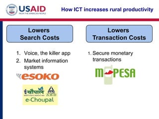 How ICT increases rural productivity


   Lowers                           Lowers
 Search Costs                  Transaction Costs

1. Voice, the killer app     1. Secure monetary
2. Market information          transactions
   systems
 