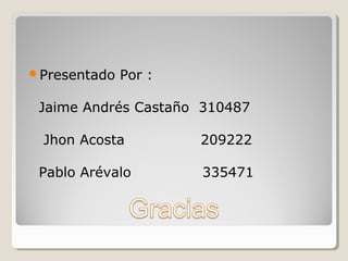Presentado   Por :

 Jaime Andrés Castaño 310487

 Jhon Acosta          209222

 Pablo Arévalo        335471
 