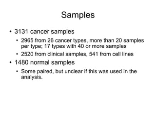 Samples 3131 cancer samples 2965 from 26 cancer types, more than 20 samples per type; 17 types with 40 or more samples 2520 from clinical samples, 541 from cell lines 1480 normal samples Some paired, but unclear if this was used in the analysis. 