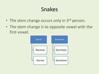 SnakesThe stem change occurs only in 3rd person.The stem change is to opposite vowel with the first vowel.