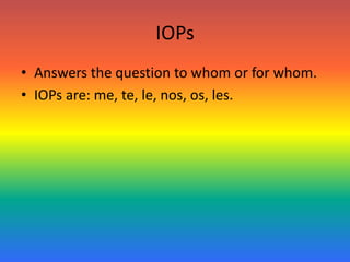 IOPsAnswers the question to whom or for whom. IOPs are: me, te, le, nos, os, les.