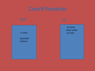 El Pretérito IrregularsThere are 3 types of irregular preterito verbs and they are:Car, Gar, y Zar
