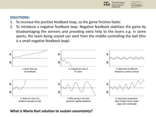 SOLUTIONS:
1. To increase the positive feedback loop, so the game finishes faster.
2. To introduce a negative feedback loop. Negative feedback stabilizes the game by
disadvantaging the winners and providing extra help to the losers e.g. in some
sports, the team being scored can start from the middle controlling the ball (this
is a small negative feedback loop).
What is Mario Kart solution to sustain uncertainty?
 