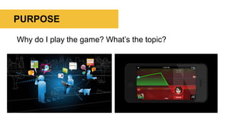 Why do I play the game? What’s the topic?
PURPOSE
 