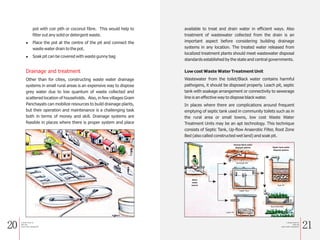 20 21
Low cost Waste Water Treatment Unit
Wastewater from the toilet/Black water contains harmful
pathogens, it should be disposed properly. Leach pit, septic
tank with soakage arrangement or connectivity to sewerage
line is an effective way to dispose black water.
In places where there are complications around frequent
emptying of septic tank used in community toilets such as in
the rural area or small towns, low cost Waste Water
Treatment Units may be an apt technology. This technique
consists of Septic Tank, Up-flow Anaerobic Filter, Root Zone
Bed (also called constructed wet land) and soak pit.
Black
water
source
Various black water
disposal options Septic tank outlet
disposal options
Sewerage line
Septic Tank
Leach Pit
Soak Pit
Root Zone Bed
pot with coir pith or coconut fibre. This would help to
filter out any solid or detergent waste.
l Place the pot at the centre of the pit and connect the
waste water drain to the pot.
l Soak pit can be covered with waste gunny bag
Other than for cities, constructing waste water drainage
systems in small rural areas is an expensive way to dispose
grey water due to low quantum of waste collected and
scattered location of households. Also, in few villages Gram
Panchayats can mobilize resources to build drainage plants,
but their operation and maintenance is a challenging task
both in terms of money and skill. Drainage systems are
feasible in places where there is proper system and place
Drainage and treatment
available to treat and drain water in efficient ways. Also
treatment of wastewater collected from the drain is an
important aspect before considering building drainage
systems in any location. The treated water released from
localized treatment plants should meet wastewater disposal
standards established by the state and central governments.
a Simple Guide for
Solid and
Liquid waste management
a Simple Guide for
Solid and
Liquid waste management
 