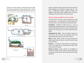 22 23
Roles and Responsibilities of communities
The citizen role is critical for a better management of solid
and liquid waste. The following are the key aspects that
should be kept in mind while dealing or handling the waste:
Prevention: Prevention is better than cure. As far as
possible take appropriate steps to prevent generating more
harmful waste and ensure that the work or the product your
dealing is not harming the eco, environmental and human
health.
Minimizing the risks: Take all possible measures to
minimize the risk to others while disposing waste that
generated/produced by due to your nature of work.
Reuse : Adopt 'reduce, recycle and reuse' principles and
always explore ways and means to reuse the waste through
proper treatment.
Recycle : As narrated in earlier pages of the guide book
some of the waste can be recycled easily, employ those
options wherever possible.
Energy recovery: Always explore the possibilities of
resource or energy recovery from the waste material that
can be used to meet with ever growing demand of increasing
population.
As shown in the flow diagram, wastewater from the septic
tank passes through the up-flow anaerobic filter into the
root zone bed where nutrient absorbing plant such as Canna
Indica can be grown. Filtered water from the root zone bed is
finally disposed in the subsurface through soak pit. Now
days, a prefabricated Up-flow Anaerobic chambers are
available, using these readily available tanks will help in
bringing down the construction cost and time spent.
Septic Tank
Up-flow Anaerobic Filter
Root Zone Bed
Soak Pit
a Simple Guide for
Solid and
Liquid waste management
a Simple Guide for
Solid and
Liquid waste management
 