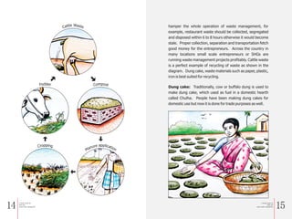 14 15
hamper the whole operation of waste management, for
example, restaurant waste should be collected, segregated
and disposed within 6 to 8 hours otherwise it would become
stale. Proper collection, separation and transportation fetch
good money for the entrepreneurs. Across the country in
many locations small scale entrepreneurs or SHGs are
running waste management projects profitably. Cattle waste
is a perfect example of recycling of waste as shown in the
diagram. Dung cake, waste materials such as paper, plastic,
iron is best suited for recycling.
Dung cake: Traditionally, cow or buffalo dung is used to
make dung cake, which used as fuel in a domestic hearth
called Chulha. People have been making dung cakes for
domestic use but now it is done for trade purposes as well.
W
le a
t s
t t
a e
C
po
m s
o t
C
appl
e ic
r a
u t
n io
a n
M
ppi
o n
r g
C
dde
o r
F
a Simple Guide for
Solid and
Liquid waste management
a Simple Guide for
Solid and
Liquid waste management
 