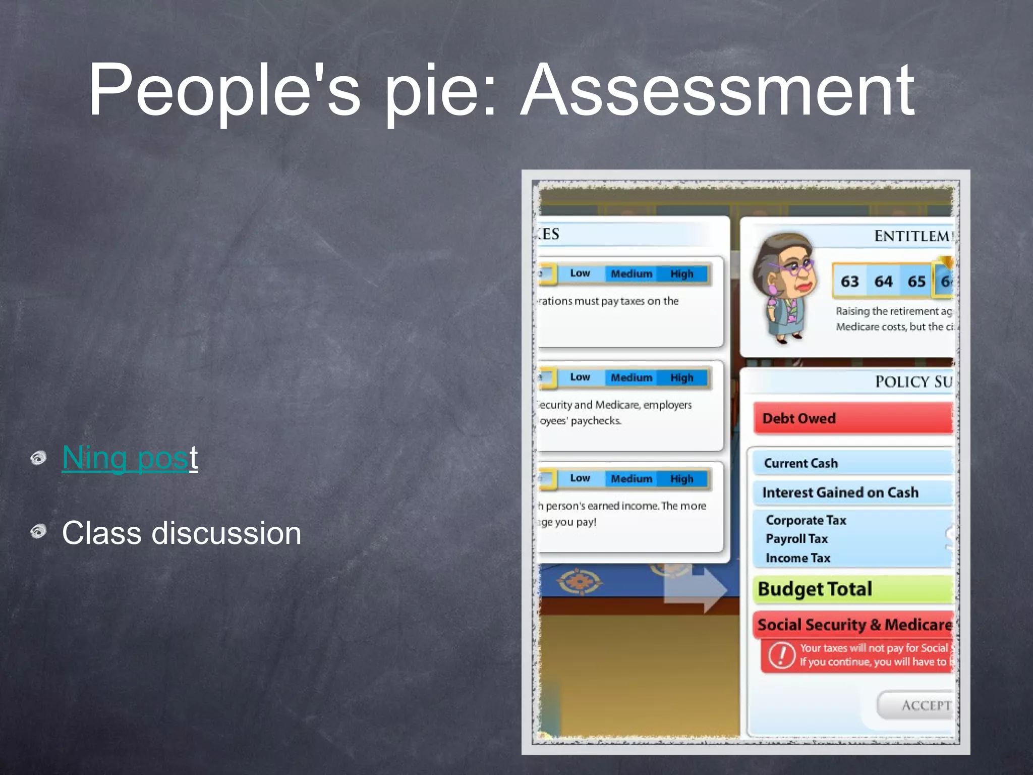 People's pie: Assessment



Ning post

Class discussion
 