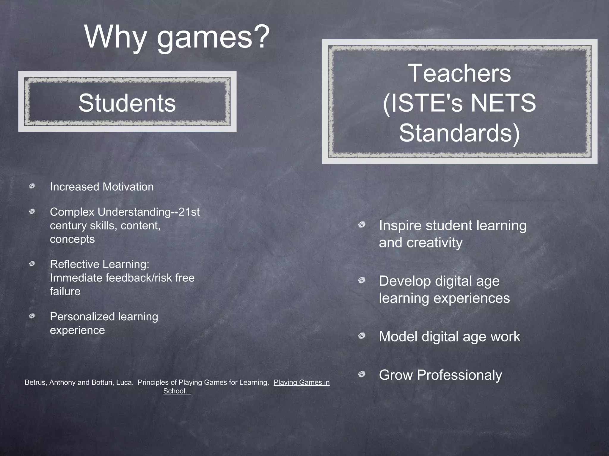 Why games?
                                                                                                   Teachers
                Students                                                                        (ISTE's NETS
                                                                                                  Standards)
       Increased Motivation

       Complex Understanding--21st
       century skills, content,                                                                 Inspire student learning
       concepts                                                                                 and creativity
       Reflective Learning:
       Immediate feedback/risk free                                                             Develop digital age
       failure
                                                                                                learning experiences
       Personalized learning
       experience
                                                                                                Model digital age work


Betrus, Anthony and Botturi, Luca. Principles of Playing Games for Learning. Playing Games in
                                                                                                Grow Professionaly
                                            School.
 