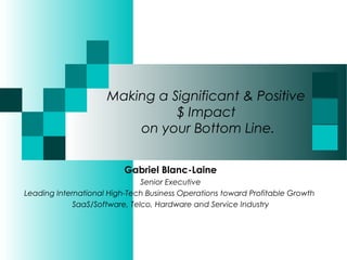 Making a Significant & Positive 
$ Impact 
on your Bottom Line. 
Gabriel Blanc-Laine 
Senior Executive 
Leading International High-Tech Business Operations toward Profitable Growth 
SaaS/Software, Telco, Hardware and Service Industry 
 