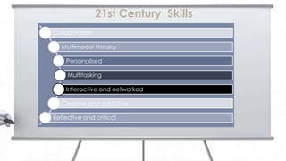 21st Century Skills
Collaboration

   Multimodal literacy

    Personalised

     Multitasking

    Interactive and networked

   Creative and adaptive

Reflective and critical
 