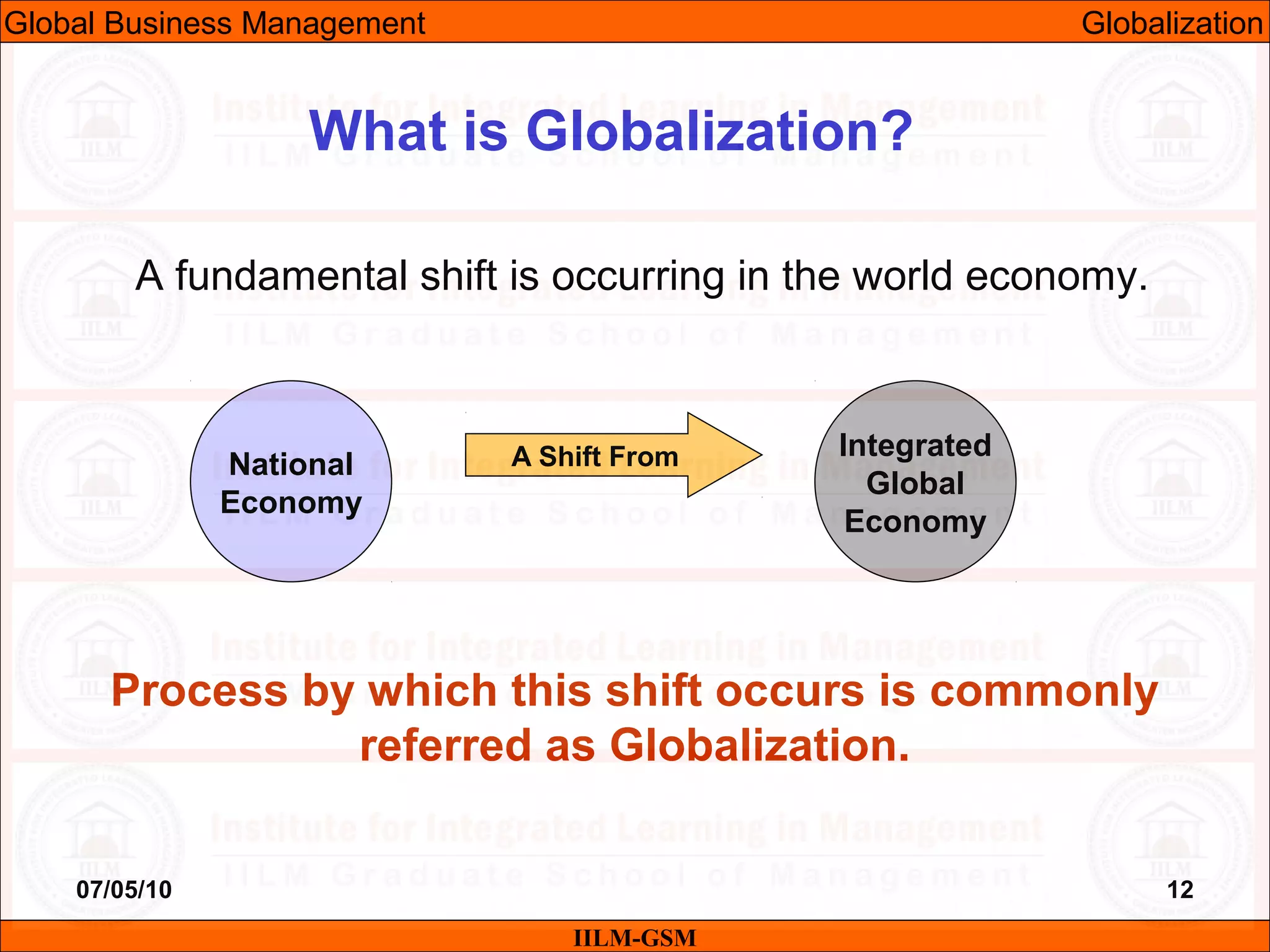 07/05/10 12
A fundamental shift is occurring in the world economy.
Process by which this shift occurs is commonly
referred as Globalization.
IILM-GSM
What is Globalization?
National
Economy
Integrated
Global
Economy
A Shift From
Global Business Management Globalization
 
