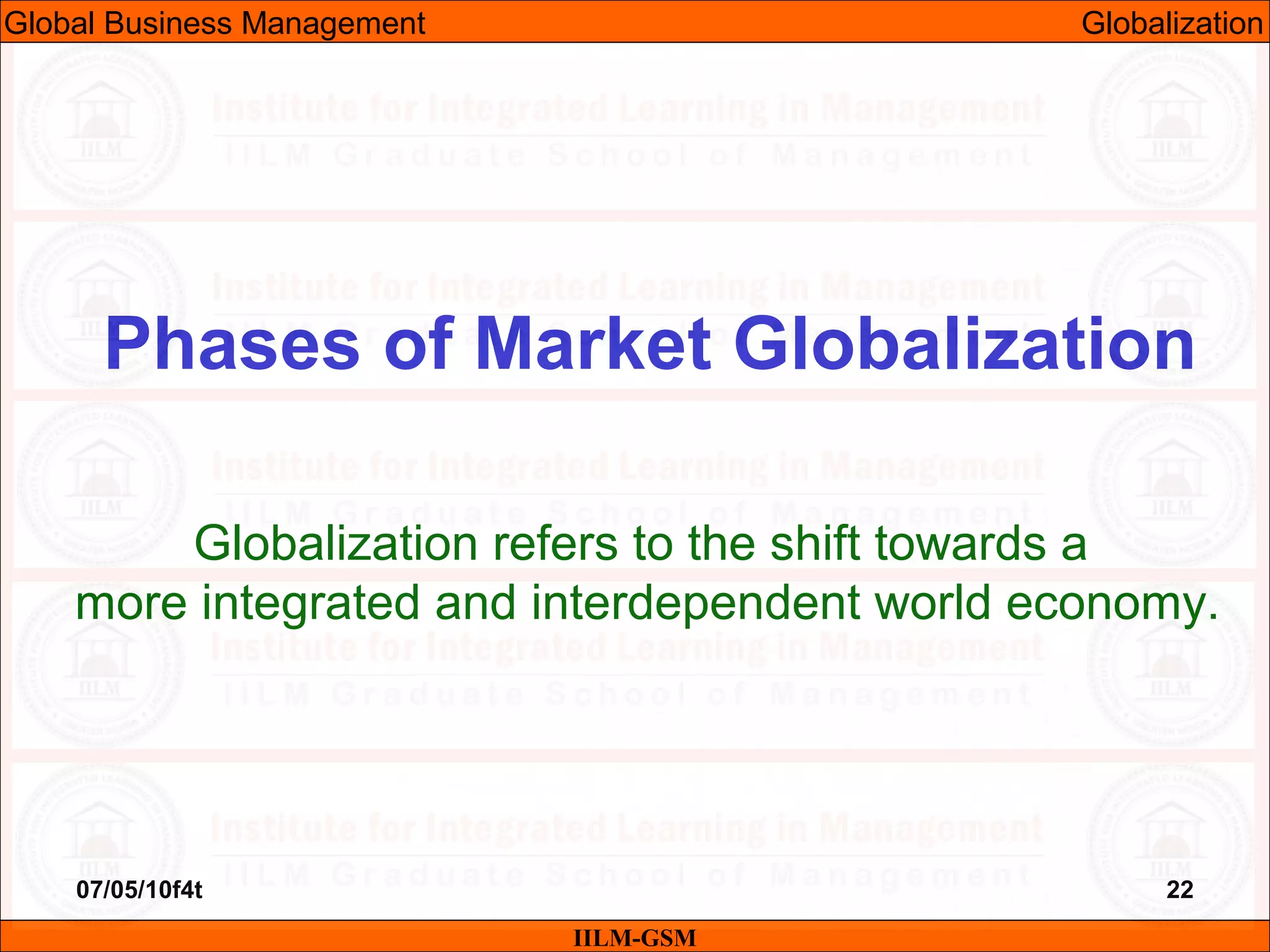 07/05/10f4t 22
Phases of Market Globalization
IILM-GSM
Globalization refers to the shift towards a
more integrated and interdependent world economy.
Global Business Management Globalization
 
