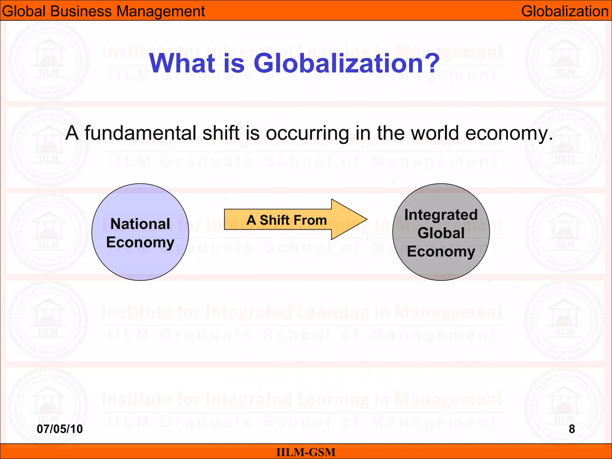 07/05/10 8
A fundamental shift is occurring in the world economy.
IILM-GSM
What is Globalization?
National
Economy
Integrated
Global
Economy
A Shift From
Global Business Management Globalization
 