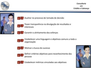 Esta adaptação refere-se ao fato de onde observamos uma perspectiva de clientes, analiso qual objetivo o processo consultivo deve atingir; onde existe a perspectiva financeira, procuro atentar à relação custo x benefício do projeto; na perspectiva processos, avalio toda sistemática atual procurando elencar seus pontos fortes e sustentáveis; e por fim, na perspectiva de implantação, elaboro um plano futuro onde o projeto tenha aderência e rentabilidade.Para executar este processo mantenho três verticais de atuação:Diagnósticoè Fase onde procuro identificar mais pontos de atenção, ou seja, não inicio o projeto somente com as informações relatadas e sim com uma imersão nas rotinas operacionais;