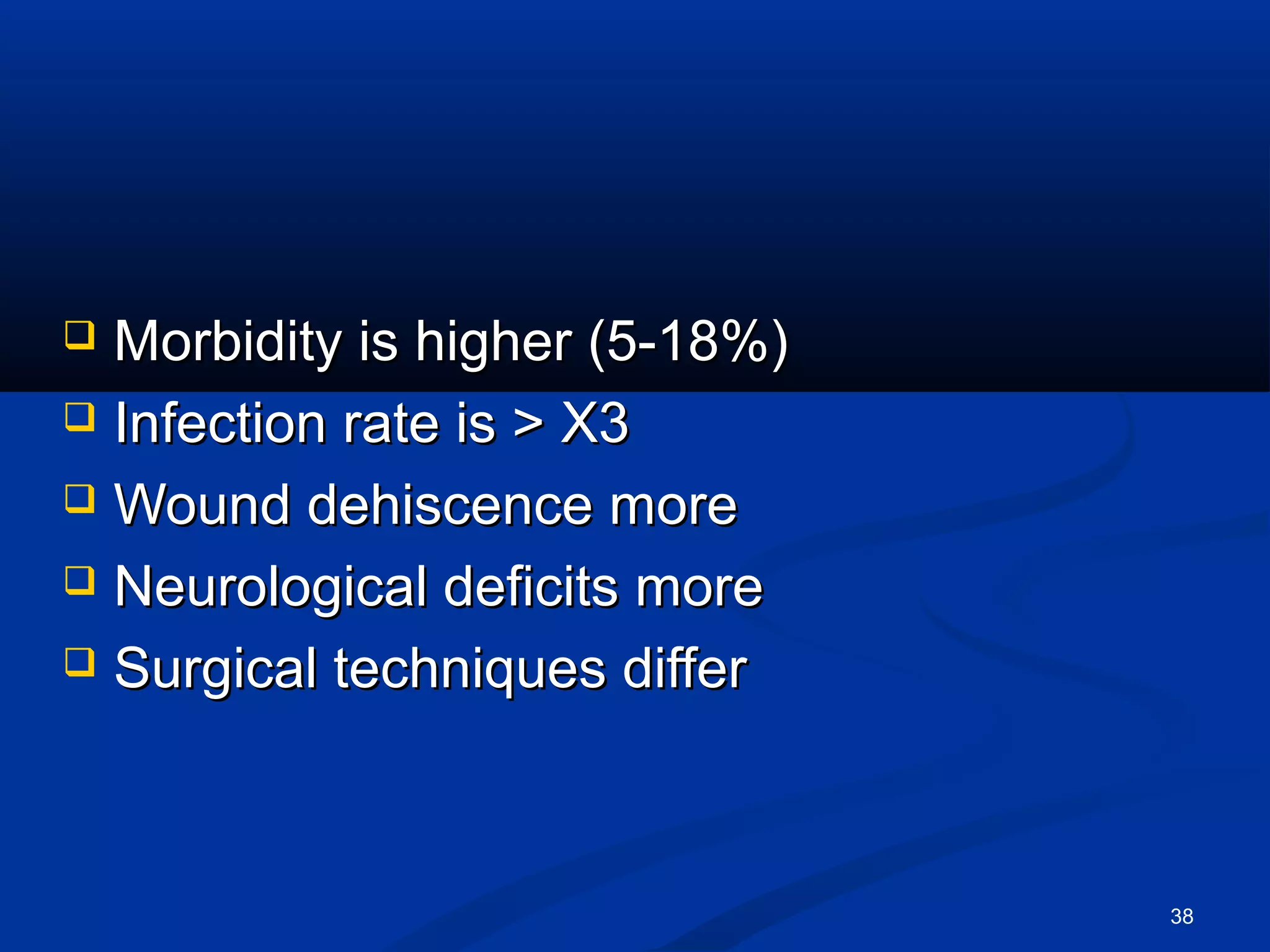  Morbidity is higher (5-18%)
 Infection rate is > X3

 Wound dehiscence more

 Neurological deficits more

 Surgical techniques differ




                                38
 