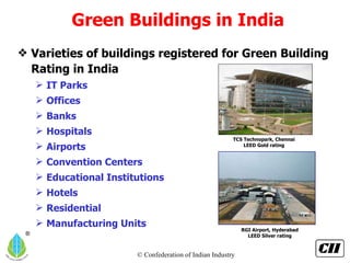 Green Buildings in India Varieties of buildings registered for Green Building Rating in India  IT Parks  Offices  Banks  Hospitals Airports  Convention Centers  Educational Institutions  Hotels  Residential Manufacturing Units RGI Airport, Hyderabad LEED Silver rating TCS Technopark, Chennai LEED Gold rating 