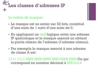 k
+
Les classes d’adresses IP
La notion de masque:
• Le masque est un entier sur 32 bits, constitué
d’une suite de 1 suiv...