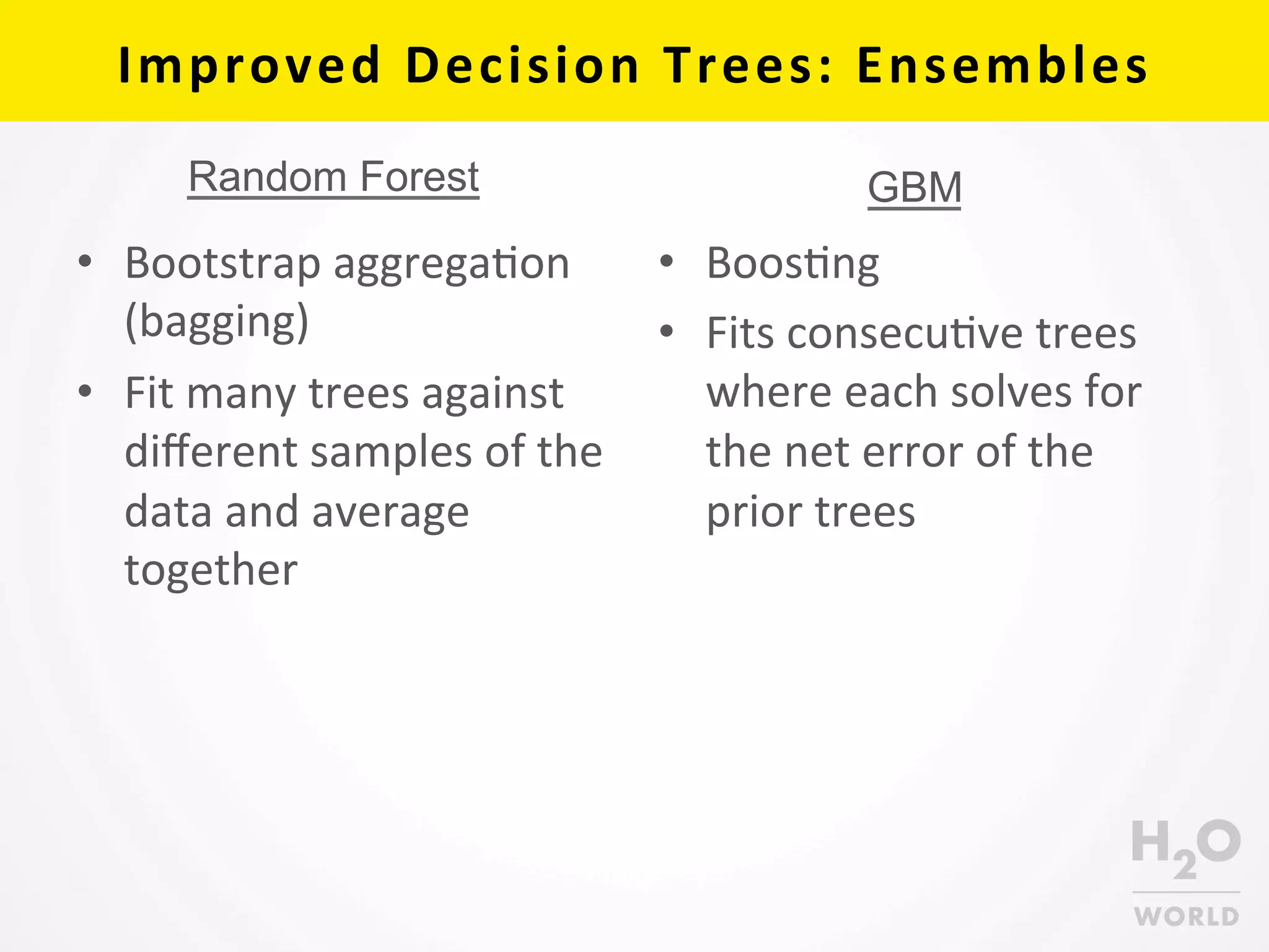 Improved	
  Decision	
  Trees:	
  Ensembles	
  
•  Bootstrap	
  aggregaCon	
  
(bagging)	
  
•  Fit	
  many	
  trees	
  against	
  
diﬀerent	
  samples	
  of	
  the	
  
data	
  and	
  average	
  
together	
  
•  BoosCng	
  
•  Fits	
  consecuCve	
  trees	
  
where	
  each	
  solves	
  for	
  
the	
  net	
  error	
  of	
  the	
  
prior	
  trees	
  	
  
GBMRandom Forest
 