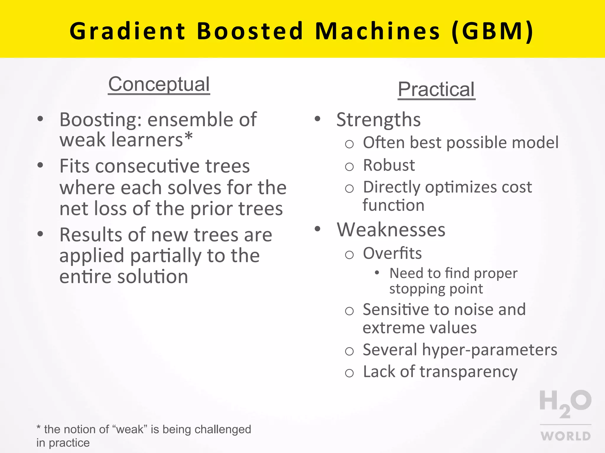 Gradient	
  Boosted	
  Machines	
  (GBM)	
  
•  BoosCng:	
  ensemble	
  of	
  
weak	
  learners*	
  
•  Fits	
  consecuCve	
  trees	
  
where	
  each	
  solves	
  for	
  the	
  
net	
  loss	
  of	
  the	
  prior	
  trees	
  
•  Results	
  of	
  new	
  trees	
  are	
  
applied	
  parCally	
  to	
  the	
  
enCre	
  soluCon	
  
•  Strengths	
  
o  O`en	
  best	
  possible	
  model	
  
o  Robust	
  
o  Directly	
  opCmizes	
  cost	
  
funcCon	
  
•  Weaknesses	
  
o  Overﬁts	
  
•  Need	
  to	
  ﬁnd	
  proper	
  
stopping	
  point	
  
o  SensiCve	
  to	
  noise	
  and	
  
extreme	
  values	
  
o  Several	
  hyper-­‐parameters	
  
o  Lack	
  of	
  transparency	
  
PracticalConceptual
* the notion of “weak” is being challenged
in practice
 