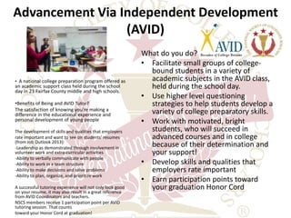 Advancement Via Independent Development 
(AVID) 
What do you do? 
• Facilitate small groups of college-bound 
students in a variety of 
academic subjects in the AVID class, 
held during the school day. 
• Use higher level questioning 
strategies to help students develop a 
variety of college preparatory skills. 
• Work with motivated, bright 
students, who will succeed in 
advanced courses and in college 
because of their determination and 
your support! 
• Develop skills and qualities that 
employers rate important 
• Earn participation points toward 
your graduation Honor Cord 
• A national college preparation program offered as 
an academic support class held during the school 
day in 23 Fairfax County middle and high schools. 
•Benefits of Being and AVID Tutor? 
The satisfaction of knowing you’re making a 
difference in the educational experience and 
personal development of young people 
The development of skills and qualities that employers 
rate important and want to see on students’ resumes 
(from Job Outlook 2013): 
-Leadership as demonstrated through involvement in 
volunteer work and extra-curricular activities 
-Ability to verbally communicate with people 
-Ability to work in a team structure 
-Ability to make decisions and solve problems 
-Ability to plan, organize, and prioritize work 
A successful tutoring experience will not only look good 
on your resume, it may also result in a great reference 
from AVID Coordinators and teachers. 
NSCS members receive 1 participation point per AVID 
tutoring session. That counts 
toward your Honor Cord at graduation! 
 