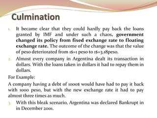 Culmination
1. It became clear that they could hardly pay back the loans
granted by IMF and under such a chaos, government
changed its policy from fixed exchange rate to floating
exchange rate. The outcome of the change was that the value
of peso deteriorated from 1$=1 peso to 1$=3.18peso.
2. Almost every company in Argentina dealt its transaction in
dollars. With the loans taken in dollars it had to repay them in
dollars.
For Example:
A company having a debt of 1000$ would have had to pay it back
with 1000 peso, but with the new exchange rate it had to pay
almost three times as much.
3. With this bleak scenario, Argentina was declared Bankrupt in
in December 2001.
 