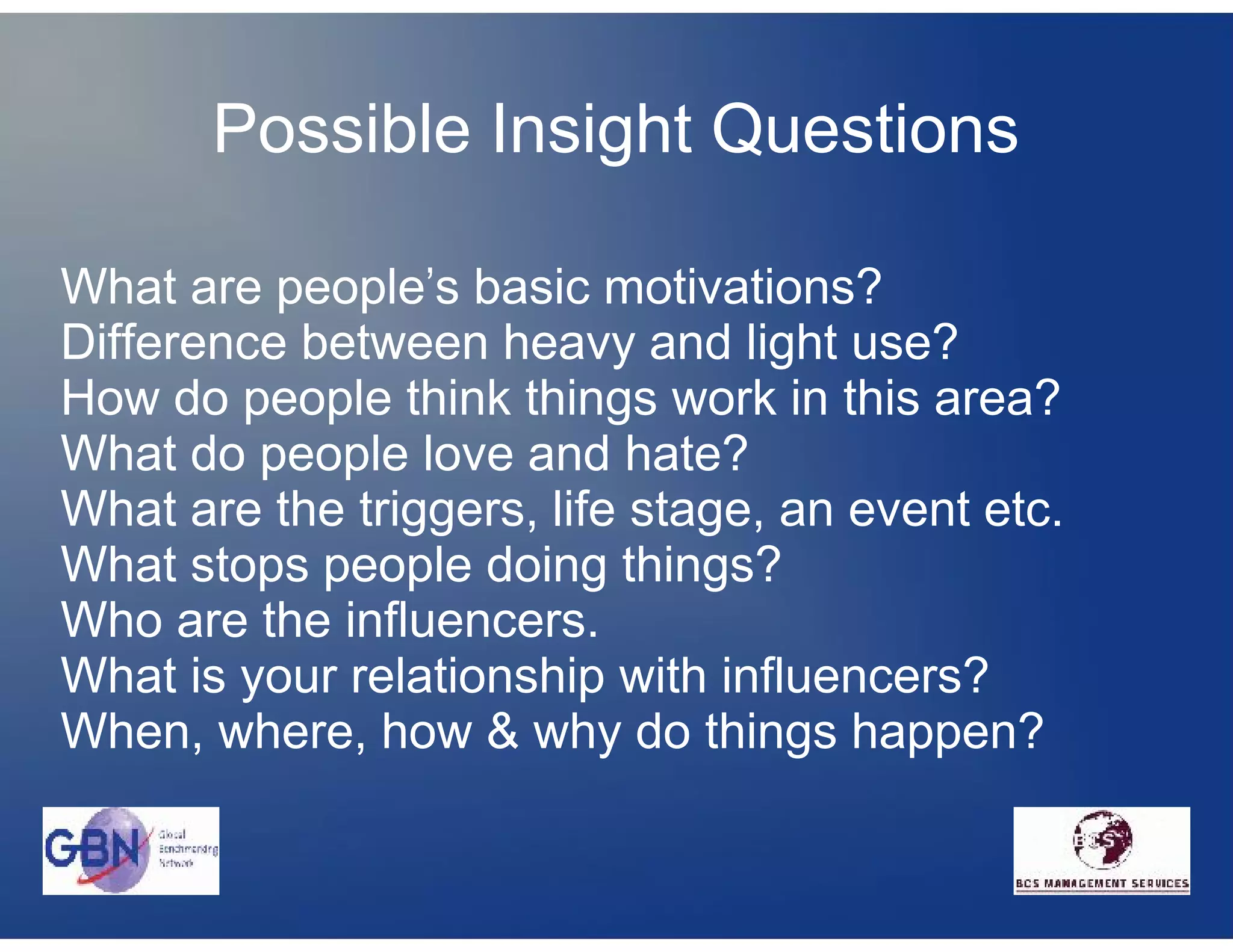 Possible Insight Questions

What are people's basic motivations?
Difference between heavy and light use?
How do people think things work in this area?
What do people love and hate?
What are the triggers, life stage, an event etc.
What stops people doing things?
Who are the influencers.
What is your relationship with influencers?
When, where, how & why do things happen?
 