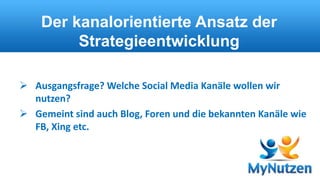 Der kanalorientierte Ansatz der 
Strategieentwicklung 
 Ausgangsfrage? Welche Social Media Kanäle wollen wir 
nutzen? 
 Gemeint sind auch Blog, Foren und die bekannten Kanäle wie 
FB, Xing etc. 
 