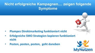Nicht erfolgreiche Kampagnen.... zeigen folgende 
Symptome 
• Plumpes Direktmarketing funktioniert nicht 
• Erfolgreiche SMO Strategien kopieren funktioniert 
nicht 
• Posten, posten, posten, geht daneben 
 