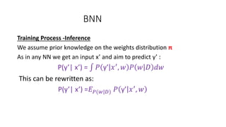 BNN
Training Process -Inference
We assume prior knowledge on the weights distribution π
As in any NN we get an input x’ and aim to predict y’ :
P(y’| x’) = 𝑃 y’ 𝑥′
, 𝑤 𝑃 𝑤 𝐷 𝑑𝑤
This can be rewritten as:
P(y’| x’) =𝐸 𝑃(𝑤|𝐷) 𝑃 y’ 𝑥′
, 𝑤
 