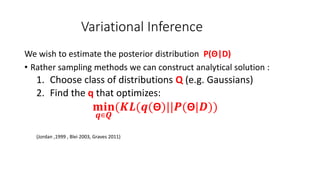 Variational Inference
We wish to estimate the posterior distribution P(Θ|D)
• Rather sampling methods we can construct analytical solution :
1. Choose class of distributions Q (e.g. Gaussians)
2. Find the q that optimizes:
𝐦𝐢𝐧
𝒒∊𝑸
(𝑲𝑳(𝒒(Θ)||𝑷(Θ|𝑫))
(Jordan ,1999 , Blei 2003, Graves 2011)
 