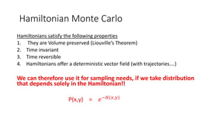 Hamiltonian Monte Carlo
Hamiltonians satisfy the following properties
1. They are Volume preserved (Liouville’s Theorem)
2. Time invariant
3. Time reversible
4. Hamiltonians offer a deterministic vector field (with trajectories….)
We can therefore use it for sampling needs, if we take distribution
that depends solely in the Hamiltonian!!
P(x,y) = 𝑒−𝐻(𝑥,𝑦)
 