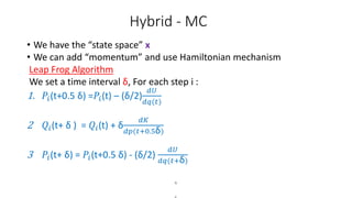 Hybrid - MC
• We have the “state space” x
• We can add “momentum” and use Hamiltonian mechanism
Leap Frog Algorithm
We set a time interval δ, For each step i :
1. 𝑃𝑖(t+0.5 δ) =𝑃𝑖(t) – (δ/2)
𝑑𝑈
𝑑𝑞(𝑡)
2 𝑄𝑖(t+ δ ) = 𝑄𝑖(t) + δ
𝑑𝐾
𝑑𝑝(𝑡+0.5δ)
3 𝑃𝑖(t+ δ) = 𝑃𝑖(t+0.5 δ) - (δ/2)
𝑑𝑈
𝑑𝑞(𝑡+δ)
𝑄𝑖
𝑄
 