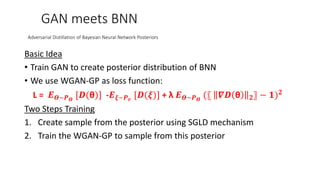GAN meets BNN
Adversarial Distillation of Bayesian Neural Network Posteriors
Basic Idea
• Train GAN to create posterior distribution of BNN
• We use WGAN-GP as loss function:
L = 𝑬 𝜭~𝑷 𝜭
[𝑫(θ)] -𝑬 𝝃~𝑷 𝒓
[𝑫(𝝃)] + λ 𝑬 𝜭~𝑷 𝜭
(〖 𝜵𝑫 θ 𝟐〗 − 𝟏) 𝟐
Two Steps Training
1. Create sample from the posterior using SGLD mechanism
2. Train the WGAN-GP to sample from this posterior
 