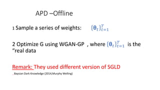 APD –Offline
1 Sample a series of weights: θ 𝑡 𝑡=1
𝑇
2 Optimize G using WGAN-GP , where θ 𝑡 𝑡=1
𝑇
is the
“real data
Remark: They used different version of SGLD
Baysian Dark Knowledge (2014,Murphy Welling)
 