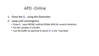 APD -Online
1. Draw the θ 𝑡 using the Generator
2. Loop until convergence
• Draw θ 𝑡 upon MCMC method (Gibbs MH) for several iterations
• Put the samples in a buffer
• Use the buffer to optimize G where θ 𝑡 is the “real data”
 