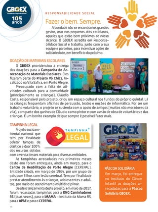 14
Re s pon s a b i l i d a d e So c i a l
O GBOEX providenciou a entrega
das doações para a Campanha de Ar-
recadação de Materiais Escolares. Eles
fizeram parte do Projeto Vó Chica, lo-
calizado na Vila Safira, em Porto Alegre.
Preocupado com a falta de ati-
vidades culturais para a comunidade
(principalmente as crianças), Cláudio
Costa, responsável pelo projeto, criou um espaço cultural nos fundos do próprio quintal. Lá
as crianças frequentam oficinas de percussão, teatro e noções de informática. Por ser um
trabalho voluntário, o projeto se sustenta com o apoio de amigos (muitos não moradores da
vila), com parte dos ganhos de Cláudio como pintor e com a mão de obra de voluntários e das
crianças. É um bonito exemplo de que sempre é possível fazer mais.
Fazerobem.Sempre.
A bondade não se encontra nos grandes
gestos, mas nos pequenos atos cotidianos,
aqueles que estão bem próximos ao nosso
alcance. O GBOEX acredita em Responsa-
bilidade Social e trabalha, junto com a sua
equipe e parceiros, para incentivar ações de
solidariedade, em benefício do próximo.
Projetosocioam-
biental nacional que
tem por finalidade
coletar tampas de
plástico e doar 100%
dos recursos obtidos
com a venda desses materiais para diversas entidades.
As tampinhas arrecadadas nos primeiros meses
deste ano foram entregues, ainda em março, para o
Centro de Reabilitação de Porto Alegre (CEREPAL).
Entidade criada, em março de 1964, por um grupo de
pais com filhos com lesão cerebral. Tem por finalidade
prestar atendimento às crianças, adolescentes e adul-
tos, por meio do atendimento multidisciplinar.
Desdeolançamentodesteprojeto,emmaiode2017,
foram repassadas tampinhas para a ONG Caminhadores
RS (duas vezes), para o IMAMA – Instituto da Mama RS,
para a APAE e para o CEREPAL.
Doação de materiais escolares
Tampinha Legal
Em março, foi entregue
no Instituto do Câncer
Infantil as doações ar-
recadadas para a Páscoa
Solidária GBOEX.
Páscoa Solidária
 