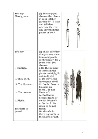 You say:            (5) Similarly you
Plant grows.        observe the plants
                    in your kitchen
                    garden for 15 days
                    and tell that
                    whether there is
                    any growth in the
                    plants or not?




You say:            (6) Think carefully
                    that you see some
                    trees and plants
                    continuously for 2
                    years what you
                    observe
i. multiply.        i. Do the number
                    of leaves in the
                    plants multiply/do
                    not multiply?
ii. They shed.      ii. Do they shed
                    leaves/not shed?
iii. Yes blossom.   iii. Do the flowers
                    blossom on
                    them. /do not
iv. Yes become.     blossom?
                    iv. Do flowers
                    become fruits or
v. Ripen.           do not become?
                    v. Do the fruits
                    ripen or do not
Yes there is        ripen?
growth.             On the whole
                    there is growth in
                    the plants or not.




                                          v
 