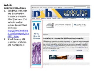 Website
administration/design
1. Design/Coordination
and placement of
product promotion
(Flash) banners. Visit
website to view
sample banner flash
elements:
http://www.multibrie
fs.com/briefs/nsh/nsh
091113.php
2. Also follow-up KPI
reporting, analytics,
and management
 
