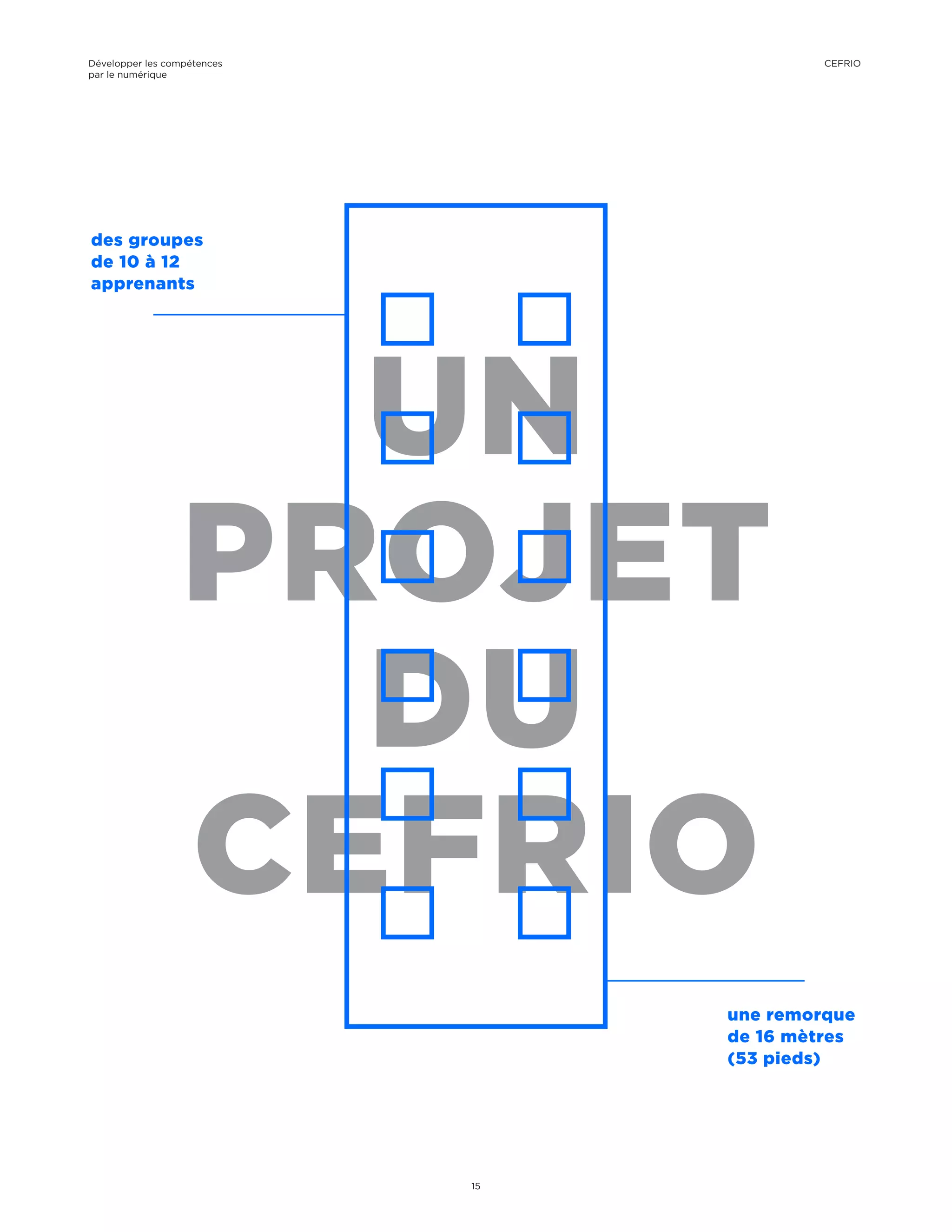 UN
PROJET
DU
CEFRIO
des groupes
de 10 à 12
apprenants
une remorque
de 16 mètres
(53 pieds)
15
CEFRIODévelopper les compétences
par le numérique
 