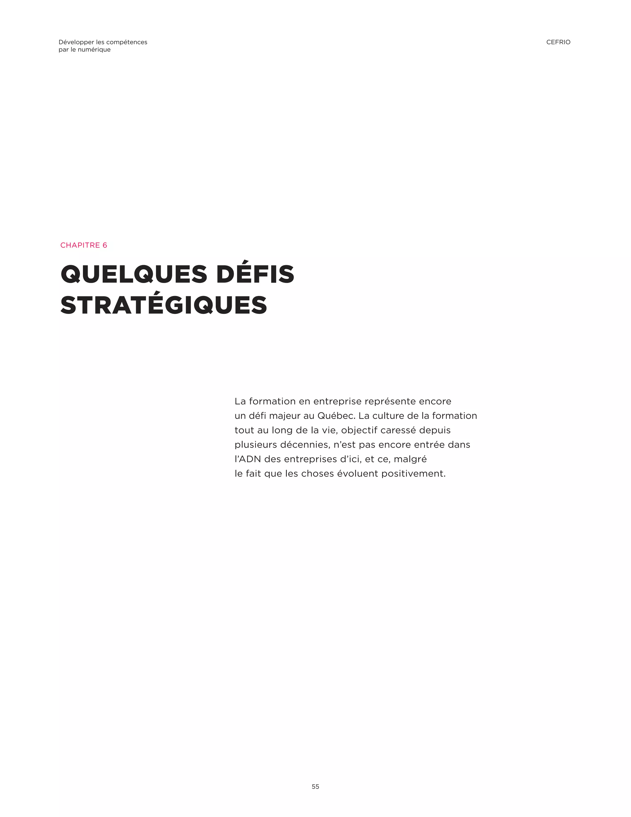 La formation en entreprise représente encore
un défi majeur au Québec. La culture de la formation
tout au long de la vie, objectif caressé depuis
plusieurs décennies, n’est pas encore entrée dans
l’ADN des entreprises d’ici, et ce, malgré
le fait que les choses évoluent positivement.
CHAPITRE 6
QUELQUES DÉFIS
STRATÉGIQUES
Développer les compétences
par le numérique
55
CEFRIO
 