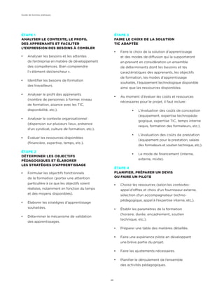 ÉTAPE 1
ANALYSER LE CONTEXTE, LE PROFIL
DES APPRENANTS ET FACILITER
L’EXPRESSION DES BESOINS À COMBLER
¡¡ Analyser les besoins et les attentes
de l’entreprise en matière de développement
des compétences. Bien comprendre
l’« élément déclencheur ».
¡¡ Identifier les besoins de formation
des travailleurs.
¡¡ Analyser le profil des apprenants
(nombre de personnes à former, niveau
de formation, aisance avec les TIC,
disponibilité, etc.).
¡¡ Analyser le contexte organisationnel
(dispersion sur plusieurs lieux, présence
d’un syndicat, culture de formation, etc.).
¡¡ Évaluer les ressources disponibles
(financière, expertise, temps, etc.).
ÉTAPE 2
DÉTERMINER LES OBJECTIFS
PÉDAGOGIQUES ET ÉLABORER
LES STRATÉGIES D’APPRENTISSAGE
¡¡ Formuler les objectifs fonctionnels
de la formation (porter une attention
particulière à ce que les objectifs soient
réalistes, notamment en fonction du temps
et des moyens disponibles).
¡¡ Élaborer les stratégies d’apprentissage
souhaitées.
¡¡ Déterminer le mécanisme de validation
des apprentissages.
ÉTAPE 3
FAIRE LE CHOIX DE LA SOLUTION
TIC ADAPTÉE
¡¡ Faire le choix de la solution d’apprentissage
et des modes de diffusion qui la supporteront
en prenant en considération un ensemble
de déterminants dont les besoins et les
caractéristiques des apprenants, les objectifs
de formation, les modes d’apprentissage
souhaités, l’équipement technologique disponible
ainsi que les ressources disponibles.
¡¡ Au moment d’évaluer les coûts et ressources
nécessaires pour le projet, il faut inclure :
¡¡ L’évaluation des coûts de conception
(équipement, expertise technopéda-
gogique, expertise TIC, temps interne
requis, formation des formateurs, etc.).
¡¡ L’évaluation des coûts de prestation
(équipement pour la prestation, salaire
des formateurs et soutien technique, etc.).
¡¡ Le mode de financement (interne,
externe, mixte).
ÉTAPE 4
PLANIFIER, PRÉPARER UN DEVIS
OU FAIRE UN PILOTE
¡¡ Choisir les ressources (selon les contextes :
appel d’offres et choix d’un fournisseur externe,
sélection d’un accompagnateur techno-
pédagogique, appel à l’expertise interne, etc.).
¡¡ Établir les paramètres de la formation
(horaire, durée, encadrement, soutien
technique, etc.).
¡¡ Préparer une table des matières détaillée.
¡¡ Faire une expérience pilote en développant
une brève partie du projet.
¡¡ Faire les ajustements nécessaires.
¡¡ Planifier le déroulement de l’ensemble
des activités pédagogiques.
Guide de bonnes pratiques
46
 