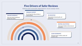 09
Five Drivers of Safer Reviews
Build the system around policy-aligned behavior, not just campaign volume.
01
02
03
04
05
GENUINE EXPERIENCE
Only real customer experiences
belong in the system.
UNBIASED CONTENT
Do not shape the rating, wording, or
review outcome. NO INCENTIVES
Keep payment, discounts, gifts, and
services out.
NEUTRAL SOLICITATION
Invite honest feedback without pressure
or selection.
CLEAR GOVERNANCE
Document owners, vendors, scripts, and
escalation steps.
 