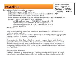Payroll GB
Note 2092992 (SP
81/B5) supports the
Abolition of ER NI for
EE’s under 21 years of
age.
 