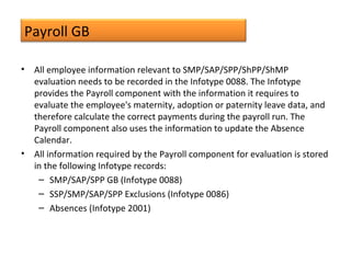 Payroll GB
• All employee information relevant to SMP/SAP/SPP/ShPP/ShMP
evaluation needs to be recorded in the Infotype 0088. The Infotype
provides the Payroll component with the information it requires to
evaluate the employee's maternity, adoption or paternity leave data, and
therefore calculate the correct payments during the payroll run. The
Payroll component also uses the information to update the Absence
Calendar.
• All information required by the Payroll component for evaluation is stored
in the following Infotype records:
– SMP/SAP/SPP GB (Infotype 0088)
– SSP/SMP/SAP/SPP Exclusions (Infotype 0086)
– Absences (Infotype 2001)
 