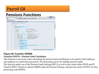 Payroll GB
Figure 46: Function GPENS
Function GPENS - Pension Fund Calculation
This function is necessary when calculating the pension fund contributions to be paid by both employee
and employer in a particular pay period. The processing can be for multiple pension funds.
The function makes use of the Pension Funds Infotype (0071) as well as the cluster tables PENS and IT.
Function P0071 (found in schema GBD0) reads the Pension Infotype, and puts the result in PENS, for later
processing with GPENS.
Pensions Functions
 