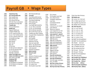 Payroll GB • Wage Types
/101 Total Gross Pay
/111 EE's Pensionable pay
/113 Non-taxable pay
/114 ER's Full Pen pay
/115 ER's Actual Pen pay
/116 ER's Pen Pay no proration
/117 Qualifying Earnings PAE
/121 Taxable pay
/124 Pre-tax deductions
/131 NIable pay
/132 Regular NIable pay
/133 Irregular NIable pay
/134 Co.car: paymts privte use
/135 Co.car: Fuel reimbursemts
/136 Co.van: paymts privte use
/141 Arrestable earnings
/171 Net Additions
/172 Ben Payroll
/173 Ben Tax NI
/174 Ben Tax
/175 RTI NI only
/176 EE Net pension deduction
/177 EE Pre-tax pension ded
/178 Pre Tax Dedutions
/201 Average: overtime
/211 Salary relv.AWE,retro
/212 Salary relv.AWE,non-retro
/213 Non-salary relv.AWE
/301 Employee NIC
/302 Employer NIC
/303 EE NI Rebate to Employee
/304 EE NI Rebate to Employer
/305 ER NI rebate
/3P1 ER's Pensionable pay
/501 Tax paid
/502 Tax refnd.w/hld:starter
/503 W/hld refnd paid:starter
/504 Tax refund reporting
/505 P45 taxable pay
/506 P45 tax paid
/509 Tax Credit (WFTC/DPTC)
/510 Co.car: Net car benefit
/511 Co.car: car fuel benefit
/512 NIC 1A CB (Car benefit)
/513 NIC 1A FSC (Fuel scale ch
/515 Taxable pay other employ.
/516 Tax paid other Employment
/520 RTI Net pay
/SPY SSP Payable
/521 Scottish tax part
/550 Statutory net pay
/551 Stat.net recalc.diff.
/552 Retro. net adjustment
/553 Recalc.diff.to last payr.
/557 Cash payment
/558 Payment of balance
/559 Bank transfer
/560 Amount paid
/561 Claim
/562 Amount of balance paid
/564 Advance payment
/CO1 CO: Payment
/CO2 CO: Arrears
/CO3 CO: Prot.Earns.Arrs.
/CO4 CO: Admin Fee
/CSA CSL Student Loan Ded
/CSD CSL Arrears
/CSL CSL Student Loan Ded
/CSM CSL c/fwd Arrears
/LEX Complete repayment
/LFP Loan fees
/LIC Cumulated interest
/LID Interest due
/LIM Interest for curr.month
/LLB Loan balance
/LMA Maximum balance
/LO3 Loan repayment on 3rd
/LOE External loan payment
/LOP Loan payment - payroll
/MAE SMP aver. weekly earnings
/MER SMP Non-recovered
/MIR SMP Recovery
/MM. SMP Non qualify.day
/MML SMP Paid week(lower)
/MMU SMP Paid week(upper)
/MPY SMP amount
/OMD OMP Deduction
/OMP OMP Amount
/OSA Regular earning
/OSD OSP deduction
/OSP OSP amount
/P01 Pens.EE contribution
/P02 Pens.EE suppl. contribtn.
/P03 Pens.ER contribution
/P04 Pens.ER suppl. contribtn.
/P0A Pens. EE APPS
/V01 Net Pay on Non-Primary
/V02 Claim on Non-Primary
/V03 Net Pay from Non-Primary
/V04 Claim from Non-Primary
/V31 ME:Niable pay
/V41 ME: arrest. ern. 2nd cont
/V51 ME: irr NIab reg 2nd Cont
/V57 ME: reg NIab reg 2nd Cont
/V5P ME: NIable retro 2nd Cont
/V60 ME: Net Pay prim
/VC1 ME: crt. ord. tot.ded
/VC2 ME: crt. ord. arr. ded
/VC3 ME: crt. ord. arr. prot
/VC4 ME: crt. tot.ded prim
/VC5 ME: crt. ord arr. prim.
/VC6 ME: crt. ord.arr. prim
/VM1 ME:SMP This Period(Other)
/VM2 ME:SMP This Period(Other)
/VN1 ME: NIable 2nd Cont
/VN2 ME: reg NIable 2nd Cont
/VN3 ME: irr NIable 2nd Cont
/VNC ME: NI costing 2nd Cont
/VNP ME: NI paid 2nd Cont
/VNS ME: NI paid Primary
/VS1 ME:SSP This Period(Other)
/VSL ME: Std Loan prim
/VT1 ME:Taxable Pay YTD(Other)
/VT2 ME:Tax Paid YTD (Other)
/VT3 ME:Taxable Pay (Other)
/VT4 ME:Tax Paid (Other)
/VT5 ME:PrevTaxable Pay(Other)
/VT6 ME:PrevTax Paid (Other)
 
